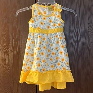 Penelope Mack child’s sleeveless sun dress. White with turquoise polka dots. 3T
